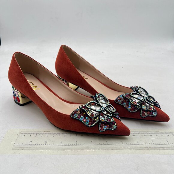 YDN Brown Suede Pointed Toe Bow Pumps Rhinestone Block Low Heel Butterfly Shoes - Picture 4 of 8